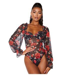 Pretty Little Thing Corset Bustier Bodysuit Size 8 Floral Dark Fairy Puff Sleeve